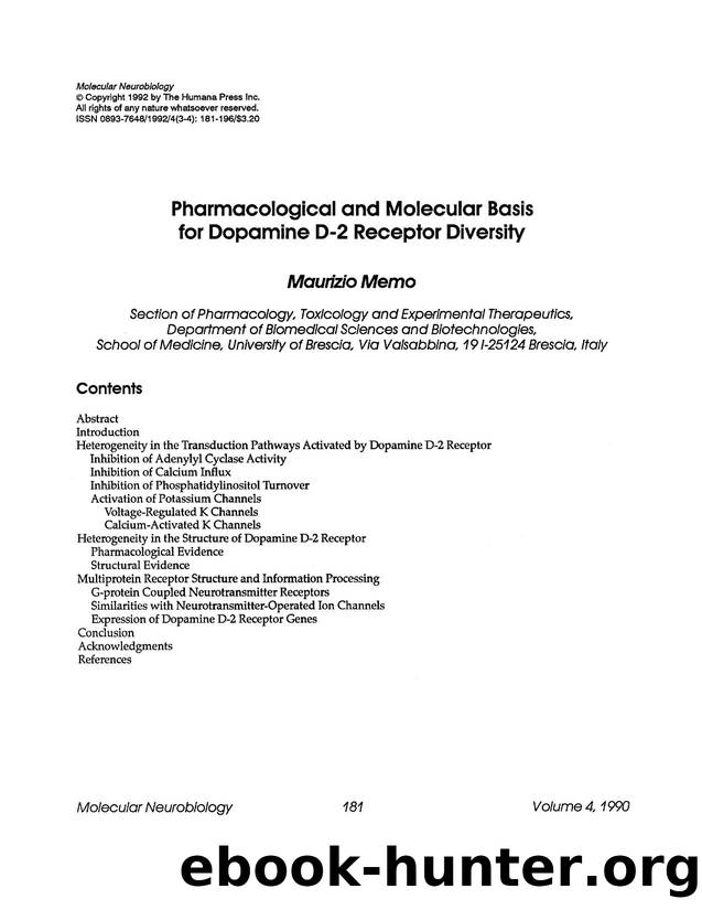 Pharmacological and molecular basis for dopamine D-2 receptor diversity by Unknown