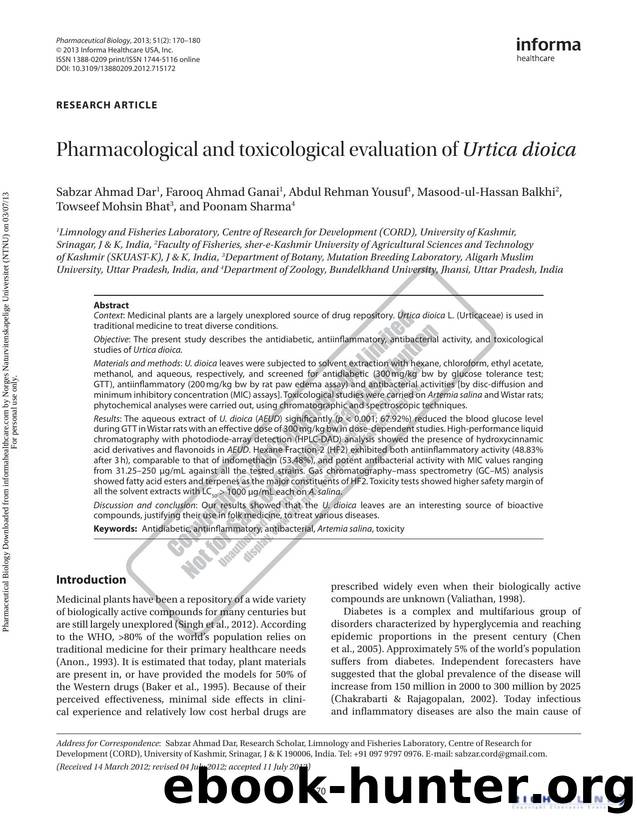 Pharmacological and toxicological evaluation of Urtica dioica by unknow