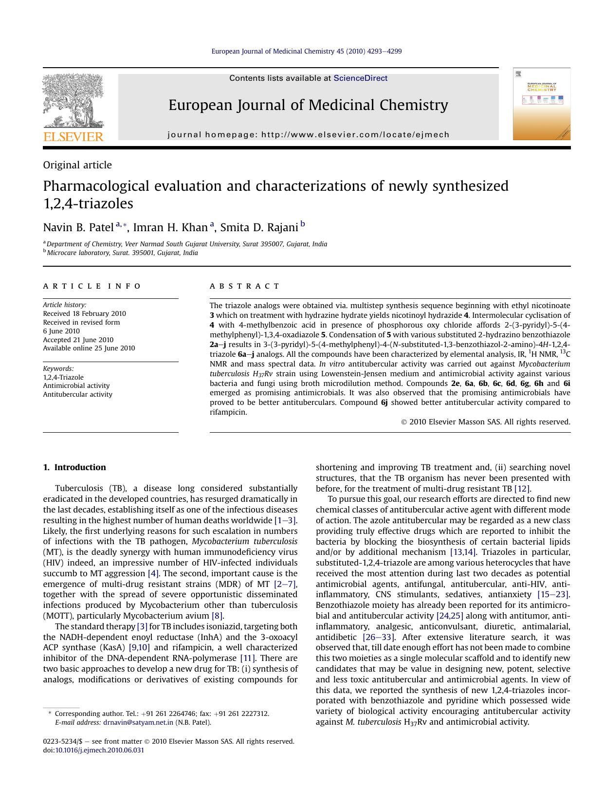 Pharmacological evaluation and characterizations of newly synthesized 1,2,4-triazoles by Navin B. Patel & Imran H. Khan & Smita D. Rajani