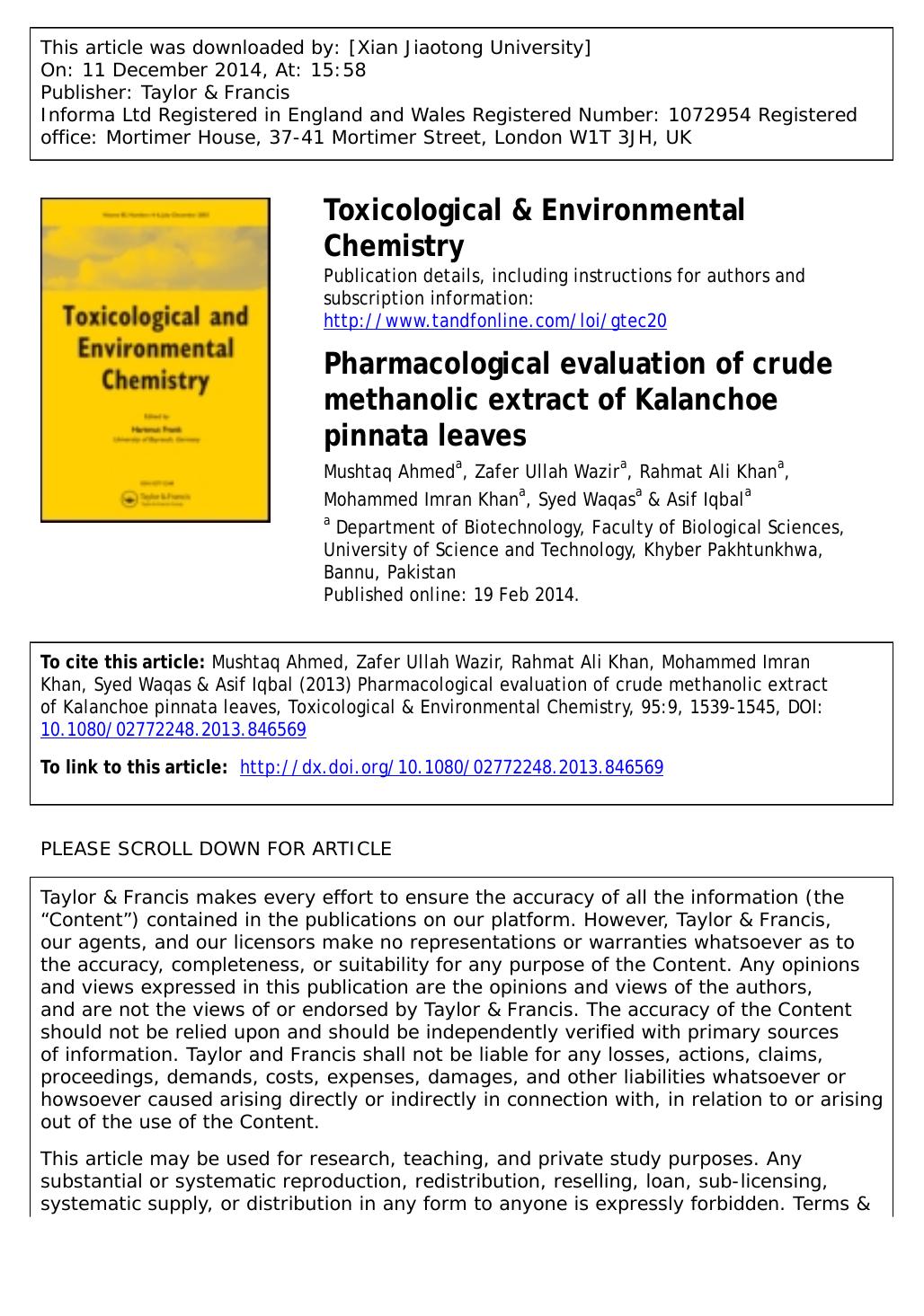 Pharmacological evaluation of crude methanolic extract of Kalanchoe pinnata leaves by Mushtaq Ahmed