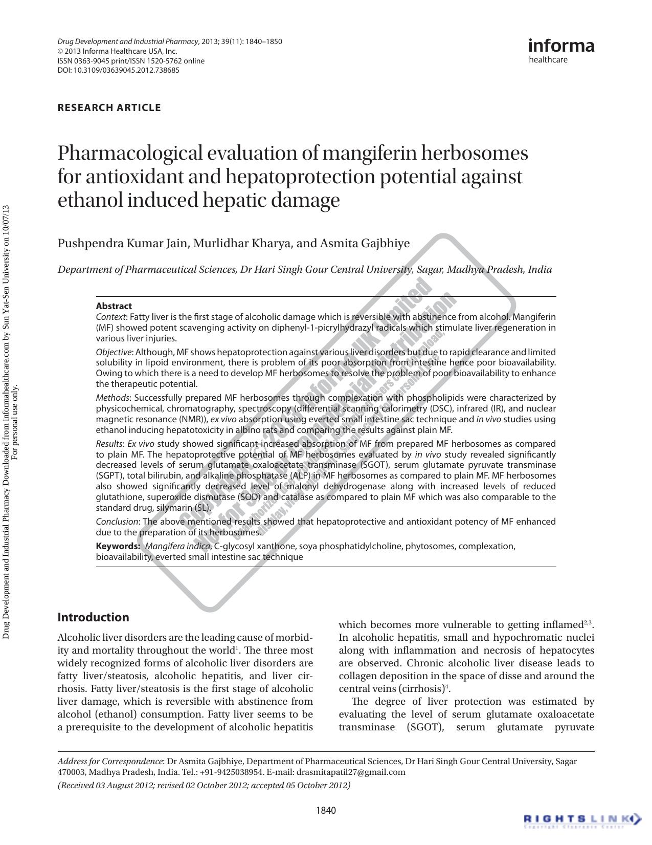 Pharmacological evaluation of mangiferin herbosomes for antioxidant and hepatoprotection potential against ethanol induced hepatic damage by Pushpendra Kumar Jain Murlidhar Kharya Asmita Gajbhiye