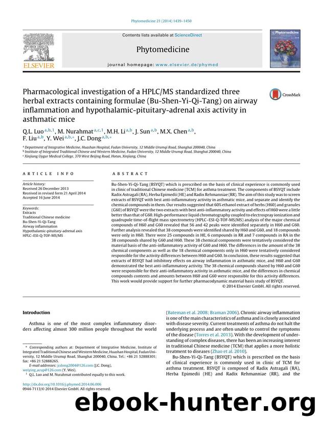 Pharmacological investigation of a HPLCMS standardized three herbal extracts containing formulae (Bu-Shen-Yi-Qi-Tang) on airway inflammation and hypothalamic-pituitary-adrenal axis by Q.L. Luo & M. Nurahmat & M.H. Li & J. Sun & M.X. Chen & F. Liu & Y. Wei & J.C. Dong