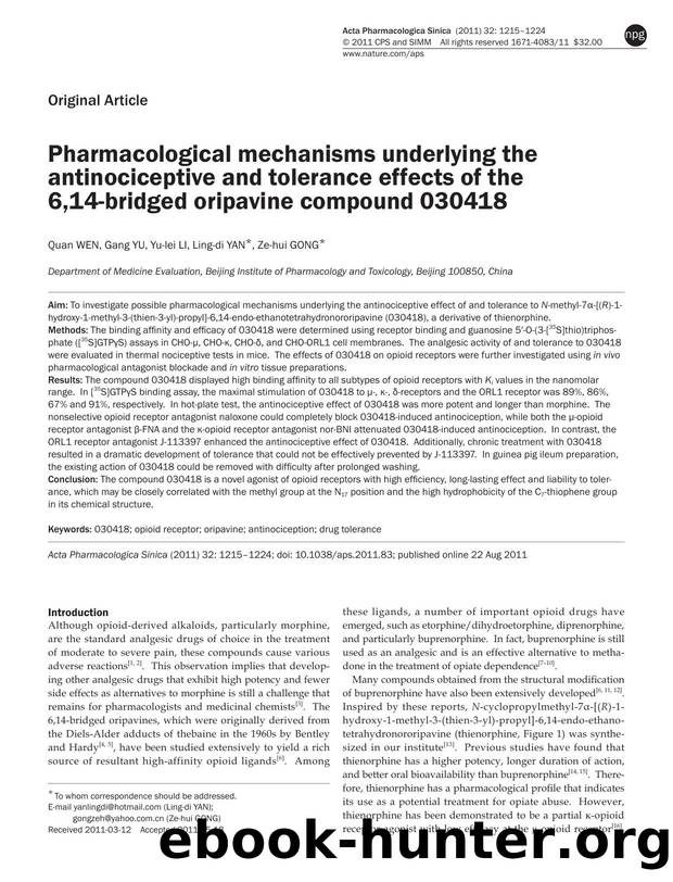 Pharmacological mechanisms underlying the antinociceptive and tolerance effects of the 6,14-bridged oripavine compound 030418 by Quan Wen & Gang Yu & Yu-lei Li & Ling-di Yan & Ze-hui Gong