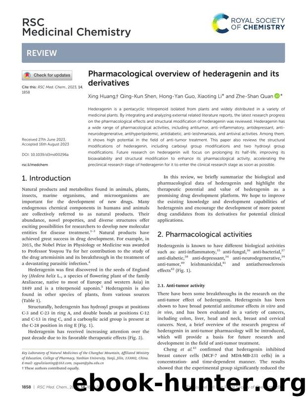 Pharmacological overview of hederagenin and its derivatives by Xing Huang & Qing-Kun Shen & Hong-Yan Guo & Xiaoting Li & Zhe-Shan Quan