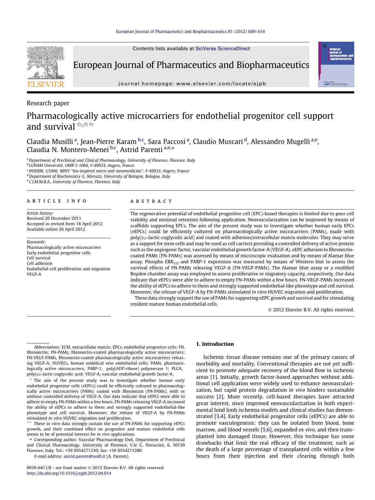 Pharmacologically active microcarriers for endothelial progenitor cell support and survival by unknow