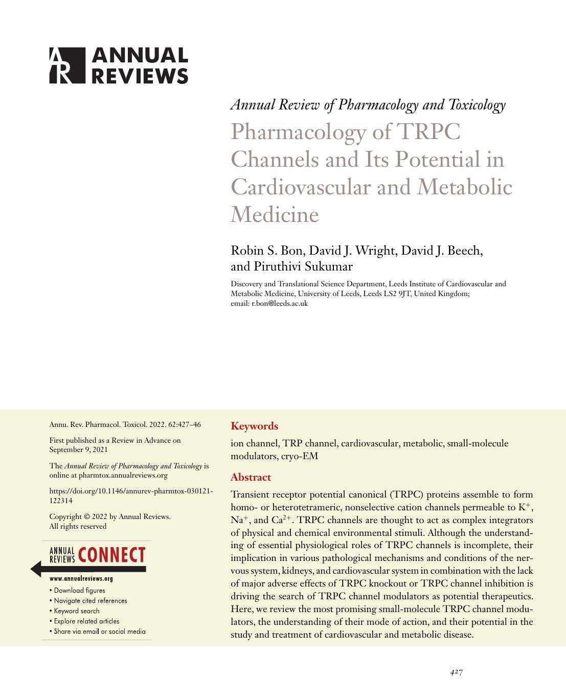 Pharmacology of TRPC Channels and Its Potential in Cardiovascular and Metabolic Medicine by Robin S. Bon David J. Wright David J. Beech and Piruthivi Sukumar