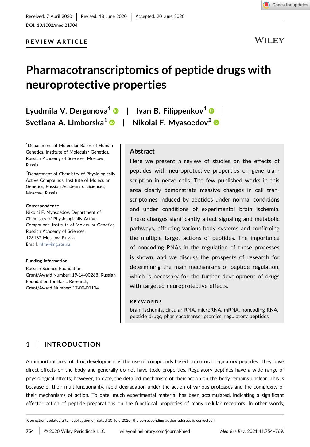 Pharmacotranscriptomics of peptide drugs with neuroprotective properties by Unknown