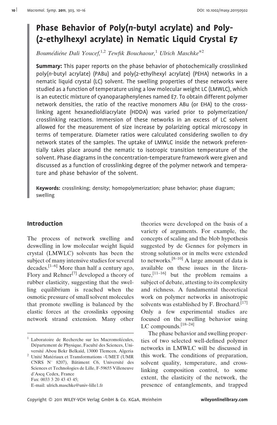 Phase Behavior of Poly(nbutyl acrylate) and Poly(2ethylhexyl acrylate) in Nematic Liquid Crystal E7 by Unknown