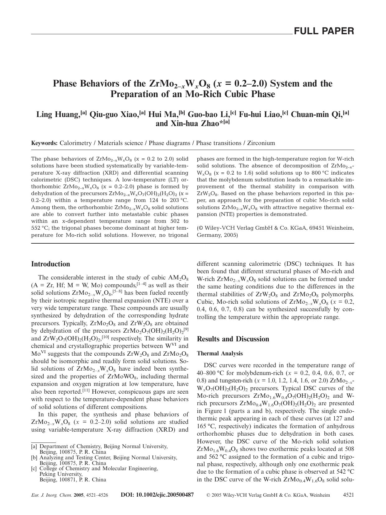 Phase Behaviors of the ZrMo2-xWxO8 (x = 0.2-2.0) System and the Preparation of an Mo-Rich Cubic Phase by Unknown