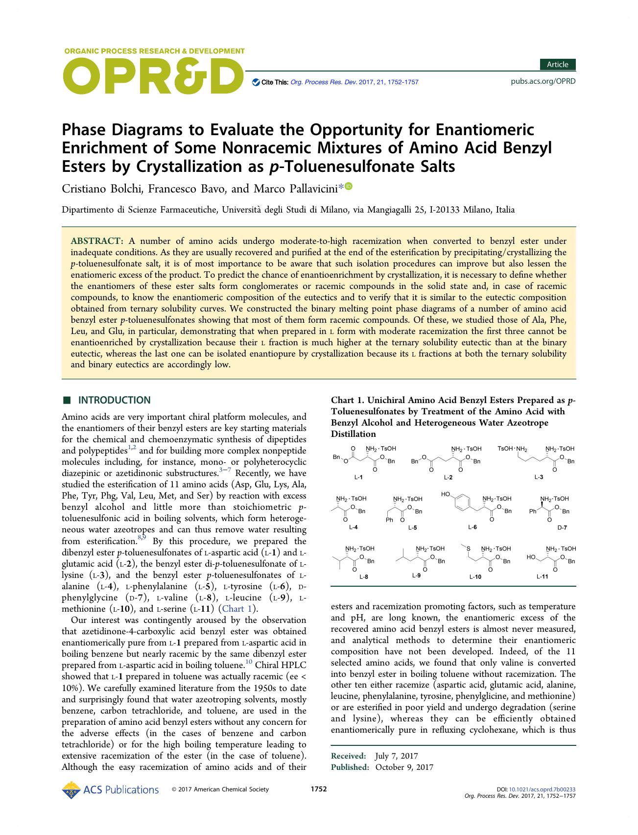 Phase Diagrams to Evaluate the Opportunity for Enantiomeric Enrichment of Some Nonracemic Mixtures of Amino Acid Benzyl Esters by Crystallization as p-Toluenesulfonate Salts by Cristiano Bolchi Francesco Bavo & Marco Pallavicini