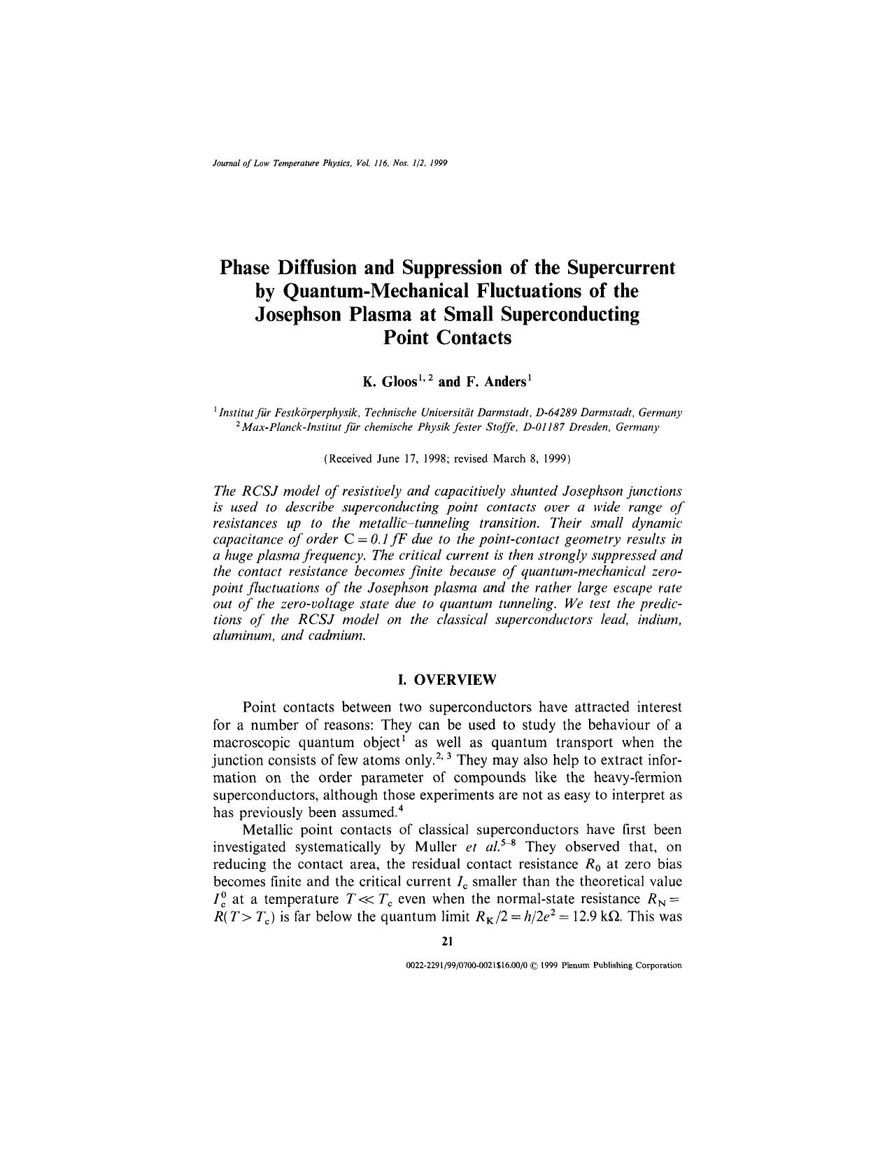 Phase Diffusion and Suppression of the Supercurrent by Quantum-Mechanical Fluctuations of the Josephson Plasma at Small Superconducting Point Contacts by Unknown