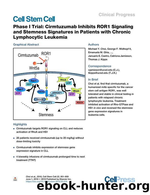 Phase I Trial: Cirmtuzumab Inhibits ROR1 Signaling and Stemness Signatures in Patients with Chronic Lymphocytic Leukemia by unknow