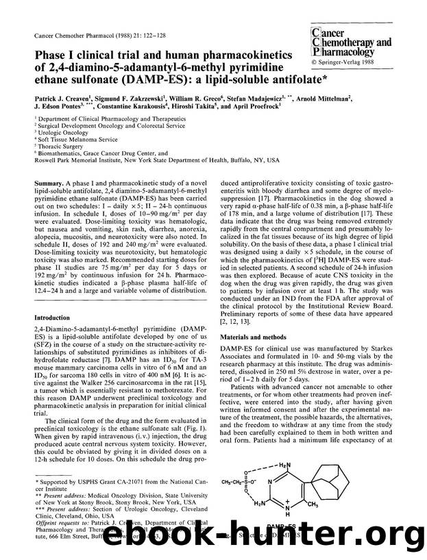 Phase I clinical trial and human pharmacokinetics of 2,4-diamino-5-adamantyl-6-methyl pyrimidine ethane sulfonate (DAMP-ES): a lipid-soluble antifolate by Unknown