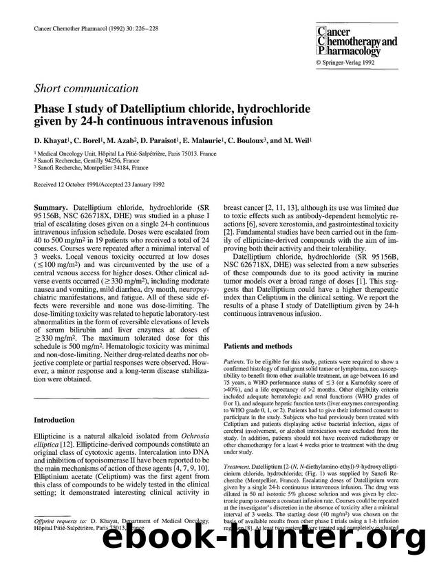 Phase I study of Datelliptium chloride, hydrochloride given by 24-h continuous intravenous infusion by Unknown