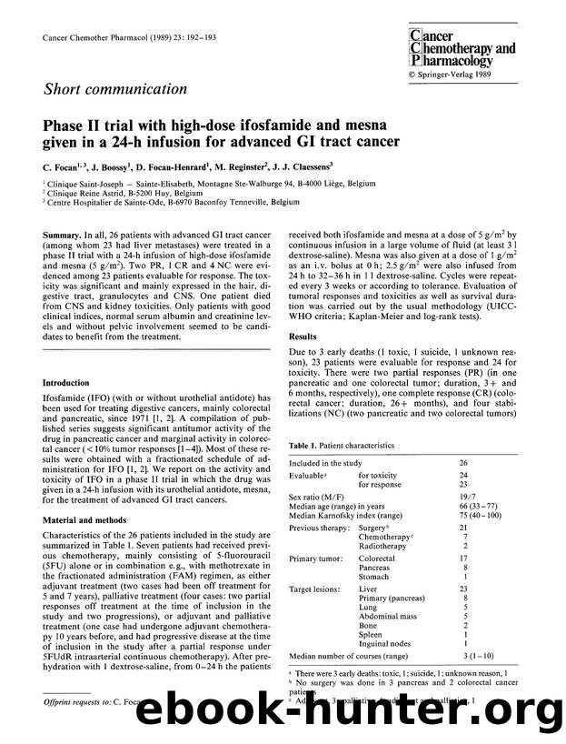 Phase II trial with high-dose ifosfamide and mesna given in a 24-h infusion for advanced GI tract cancer by Unknown