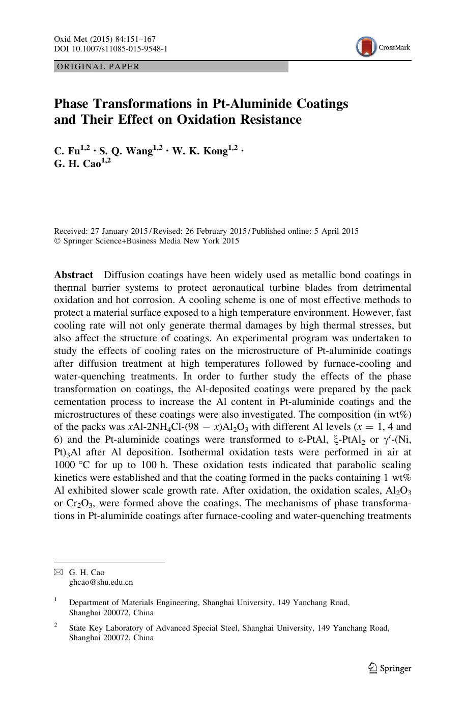 Phase Transformations in Pt-Aluminide Coatings and Their Effect on Oxidation Resistance by C. Fu & S. Q. Wang & W. K. Kong & G. H. Cao