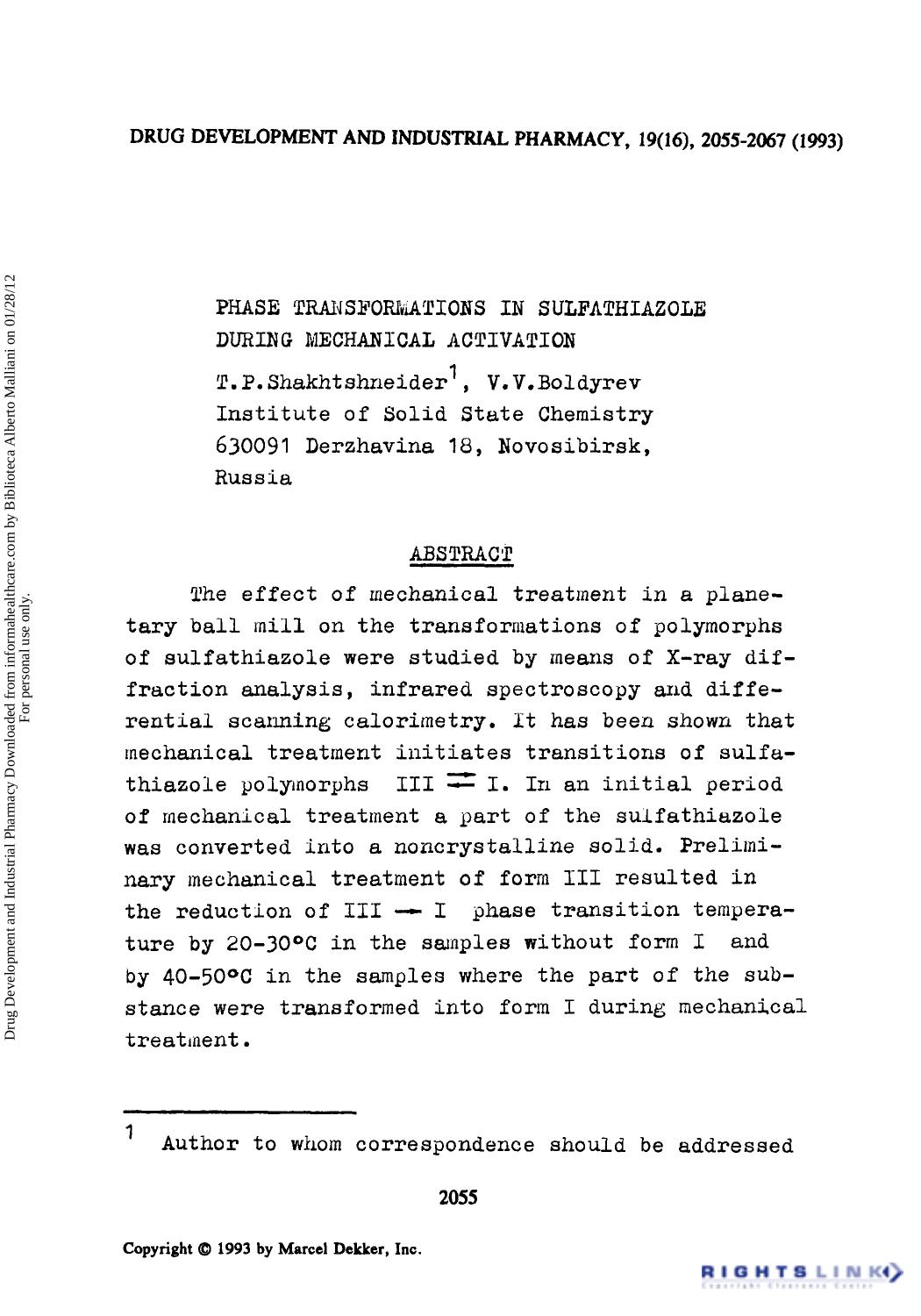 Phase Transformations in Sulfathiazole During Mechanical Activation by T. P. Shakhtshneider & V. V. Boldyrev