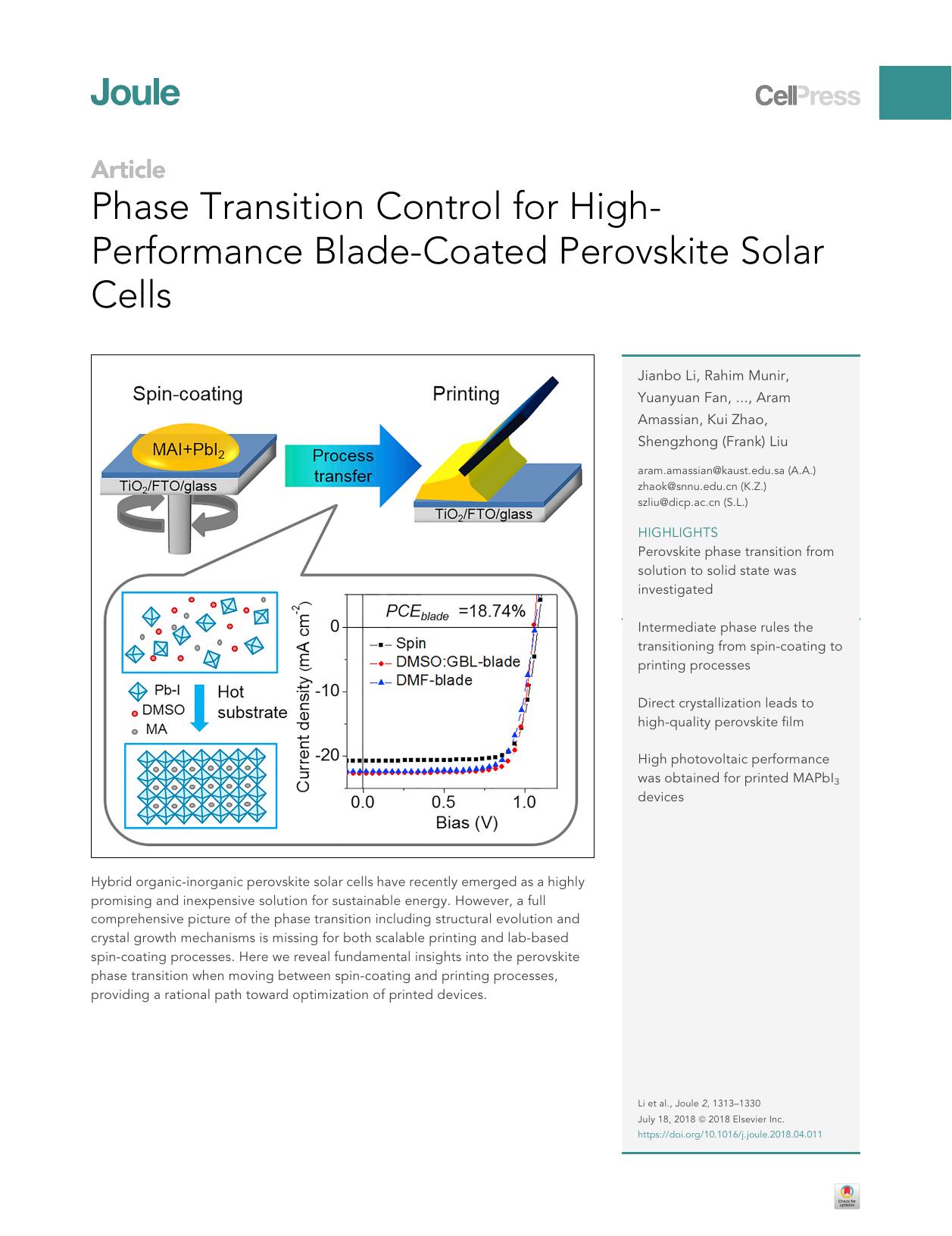 Phase Transition Control for High-Performance Blade-Coated Perovskite Solar Cells by unknow