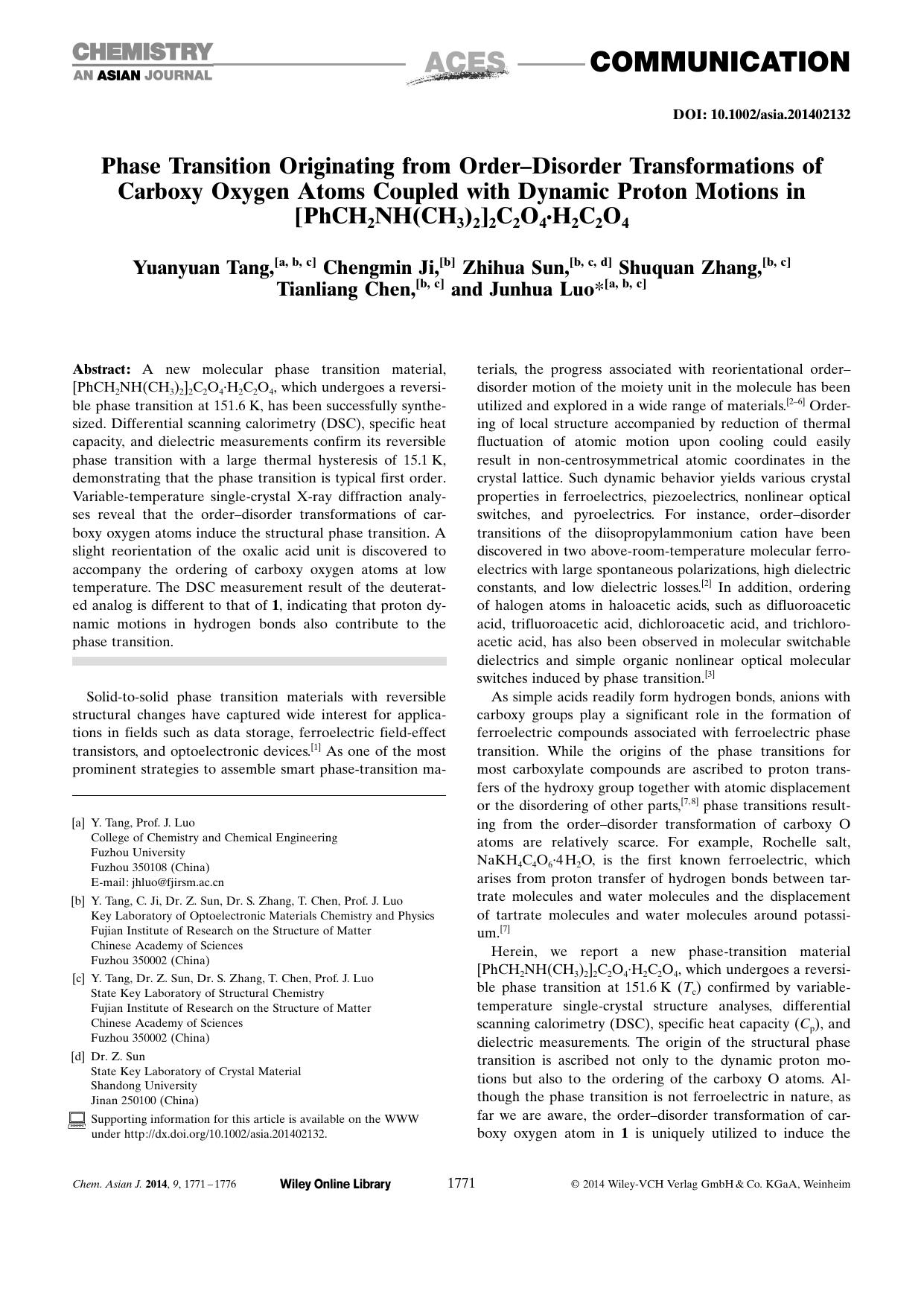 Phase Transition Originating from OrderDisorder Transformations of Carboxy Oxygen Atoms Coupled with Dynamic Proton Motions in [PhCH2NH(CH3)2]2C2O4H2C2O4 by Unknown