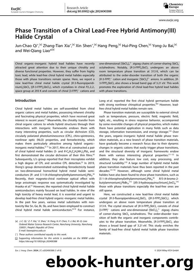 Phase Transition of a Chiral LeadâFree Hybrid Antimony(III) Halide Crystal by Unknown