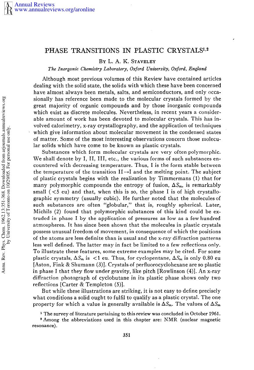 Phase Transitions in Plastic Crystals by L A K Staveley