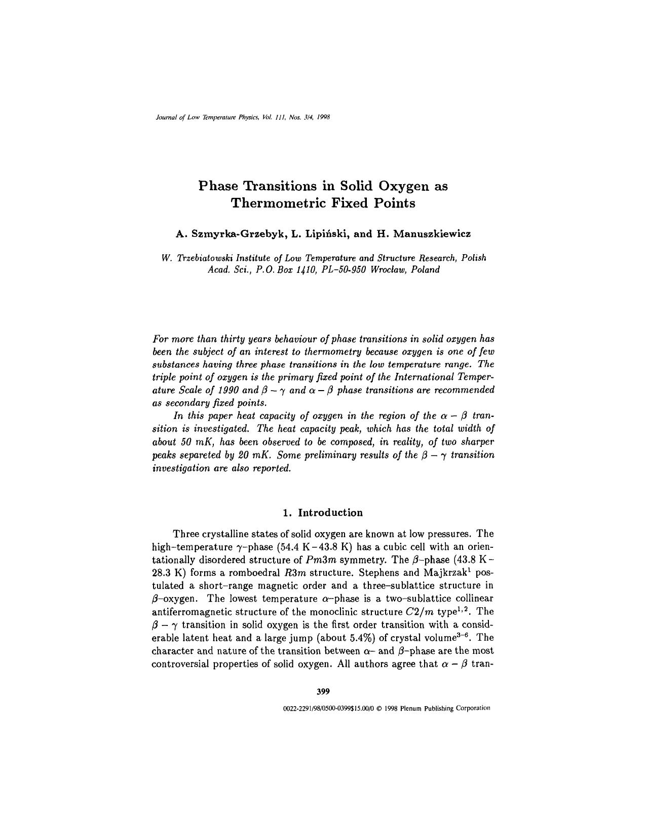 Phase Transitions in Solid Oxygen as Thermometric Fixed Points by Unknown