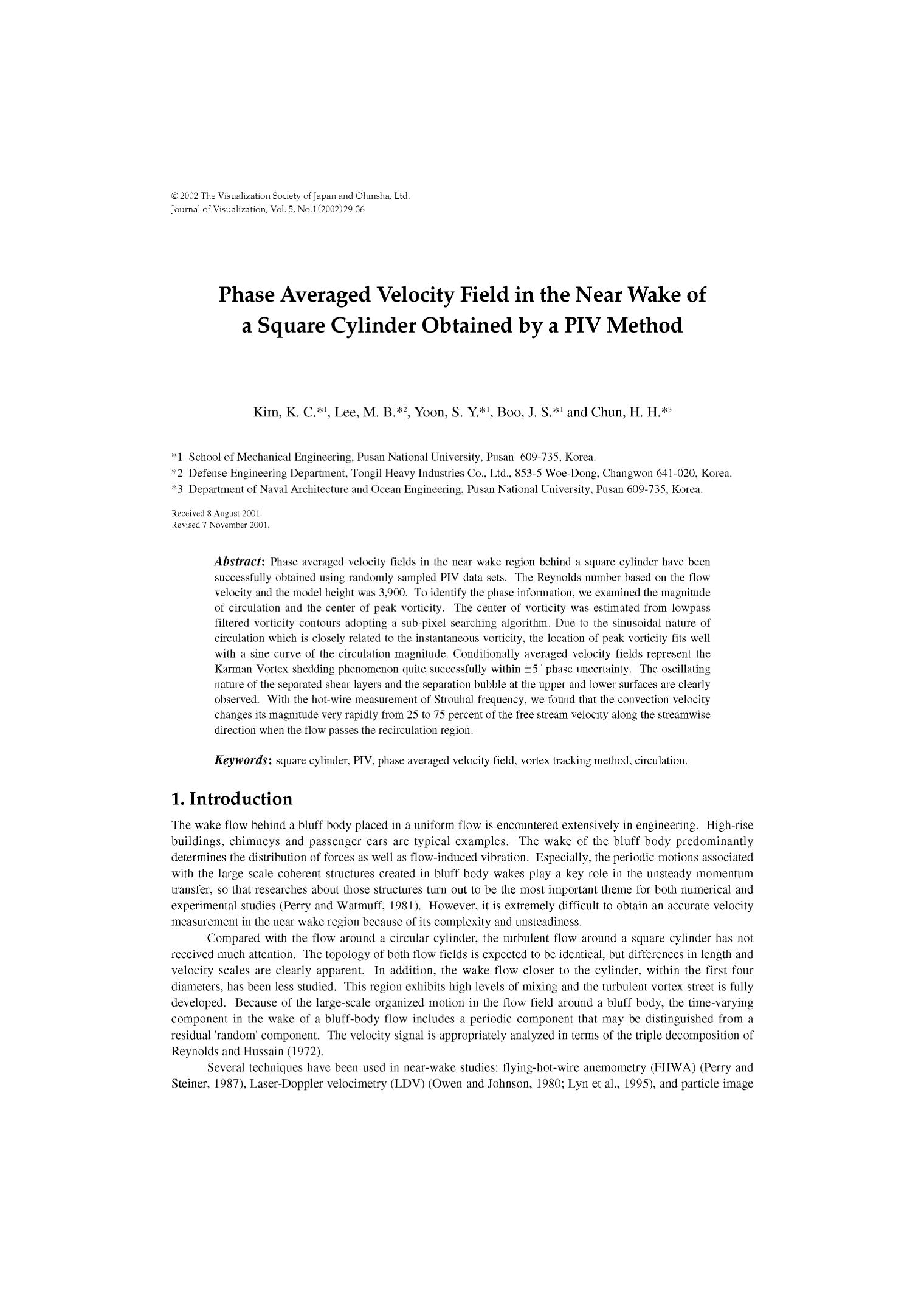 Phase averaged velocity field in the near wake of a square cylinder obtained by a PIV method by Unknown
