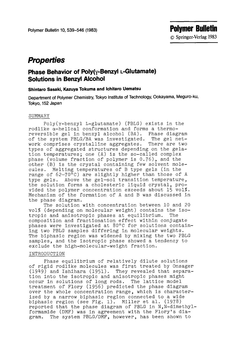 Phase behavior of poly(γ-benzyl L-glutamate) solutions in benzyl alcohol by Unknown
