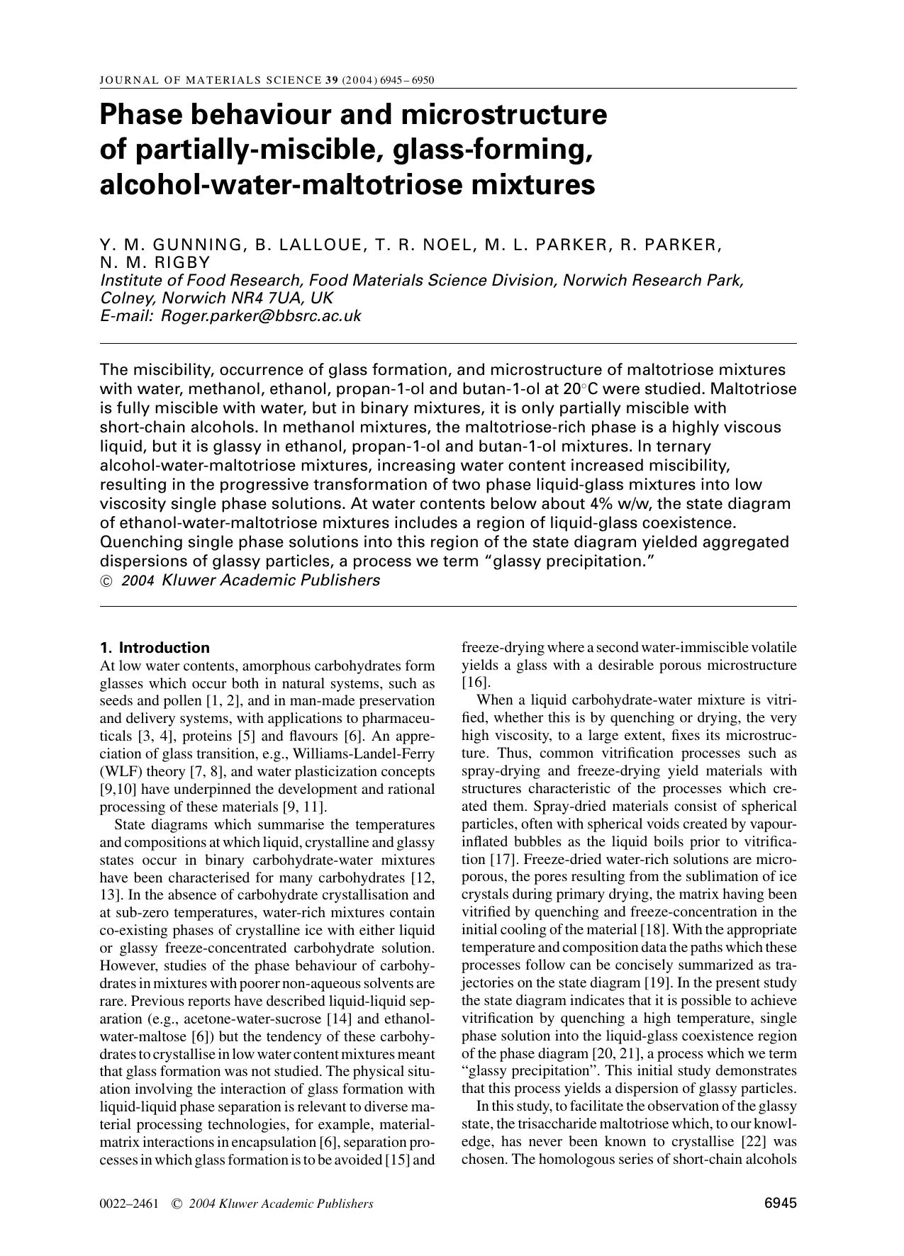 Phase behaviour and microstructure of partially-miscible, glass-forming, alcohol-water-maltotriose mixtures by Unknown