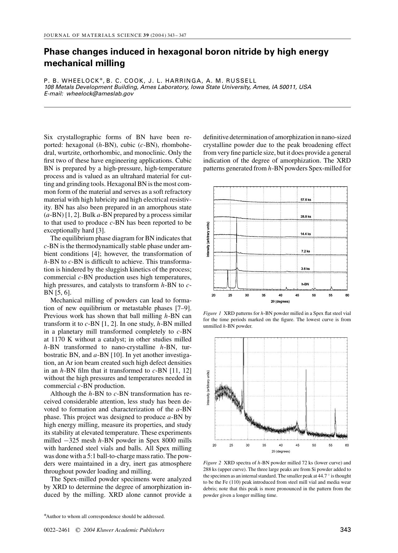 Phase changes induced in hexagonal boron nitride by high energy mechanical milling by Unknown