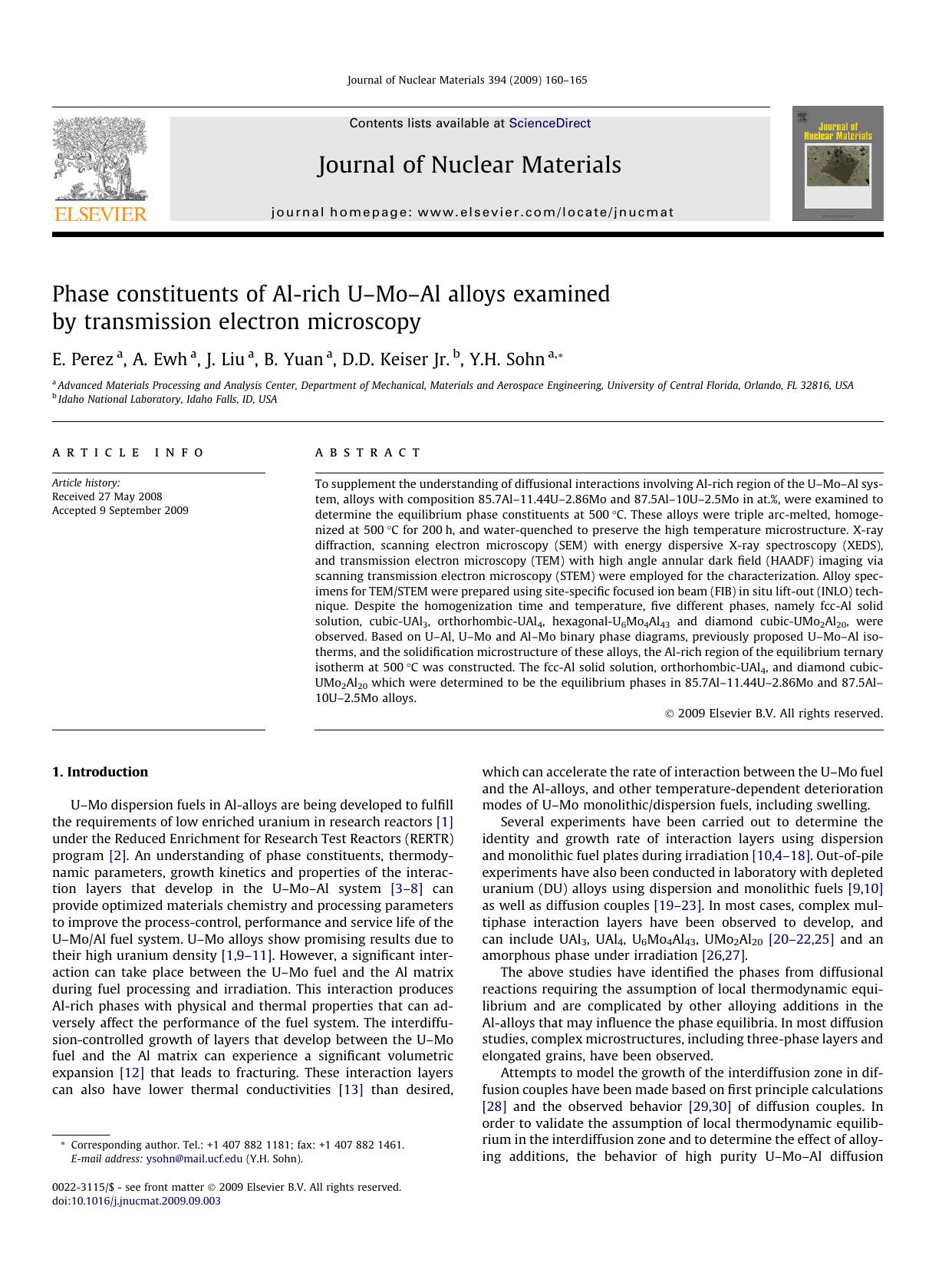Phase constituents of Al-rich UâMoâAl alloys examined by transmission electron microscopy by E. Perez; A. Ewh; J. Liu; B. Yuan; D.D. Keiser; Y.H. Sohn