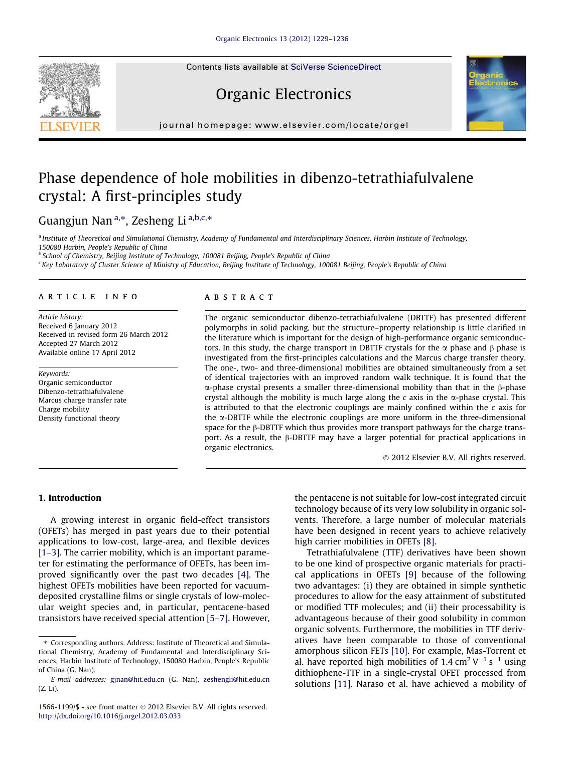 Phase dependence of hole mobilities in dibenzo-tetrathiafulvalene crystal: A first-principles study by Guangjun Nan & Zesheng Li