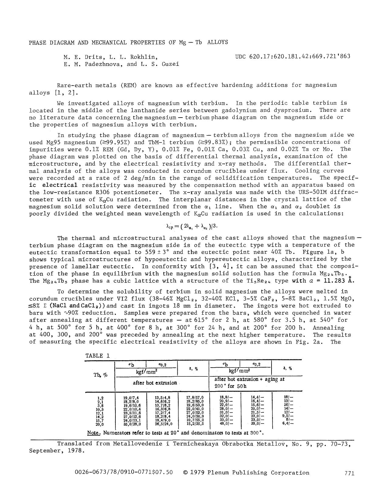 Phase diagram and mechanical properties of Mg−Tb alloys by Unknown
