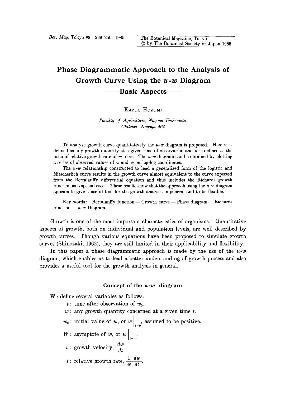 Phase diagrammatic approach to the analysis of growth curve using the <Emphasis Type="Italic">u-w <Emphasis> diagram &#x2014;Basic aspects by Unknown