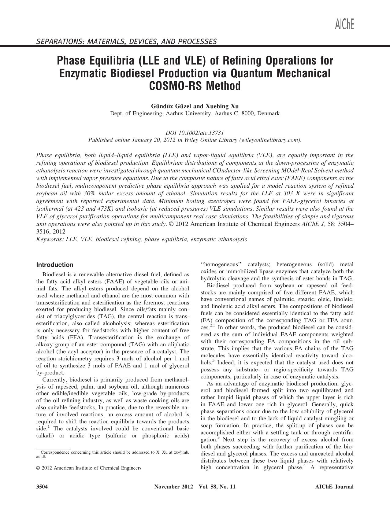 Phase equilibria (LLE and VLE) of refining operations for enzymatic biodiesel production via quantum mechanical COSMORS method by Unknown