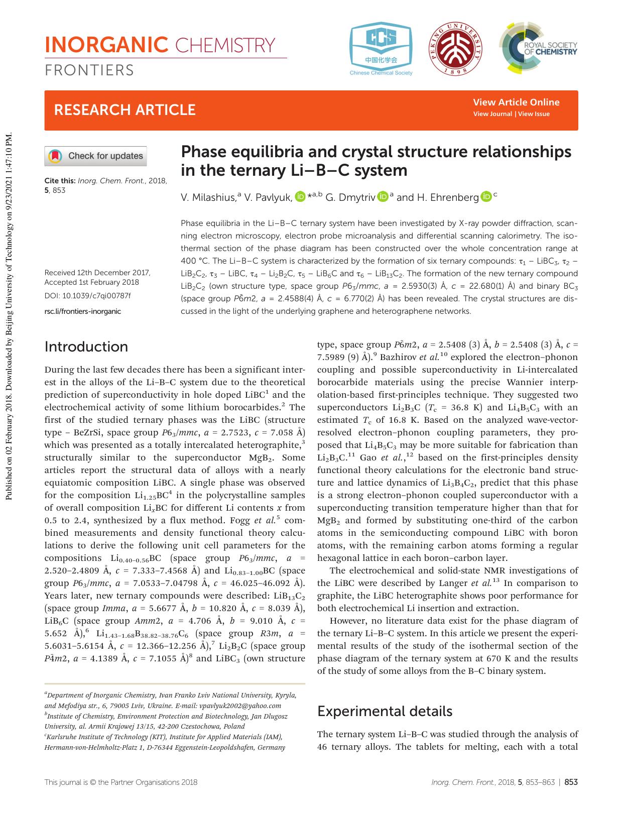 Phase equilibria and crystal structure relationships in the ternary LiâBâC system by V. Milashius V. Pavlyuk G. Dmytriv H. Ehrenberg