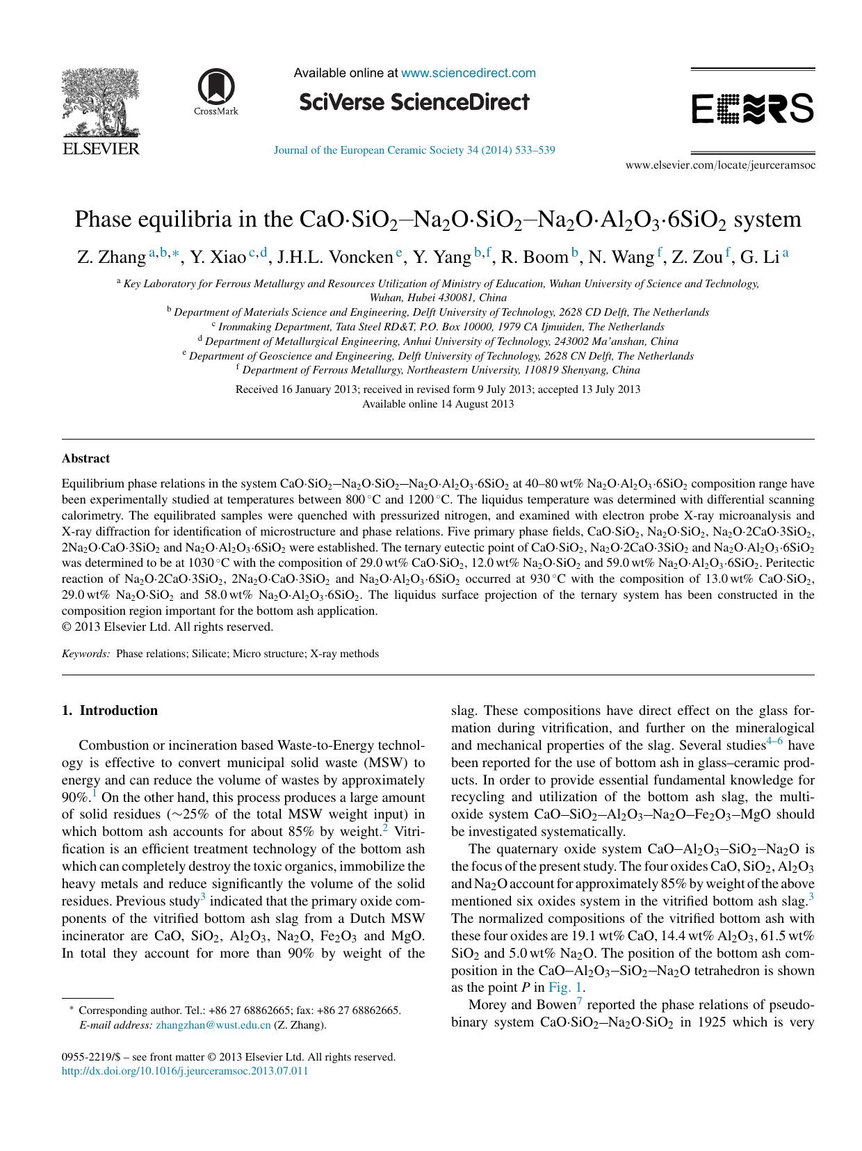 Phase equilibria in the CaOÂ·SiO2Na2OÂ·SiO2Na2OÂ·Al2O3Â·6SiO2 system by Z. Zhang & Y. Xiao & J.H.L. Voncken & Y. Yang & R. Boom & N. Wang & Z. Zou & G. Li