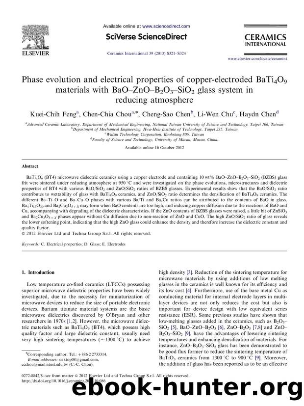 Phase evolution and electrical properties of copper-electroded BaTi4O9 materials with BaOâZnOâB2O3âSiO2 glass system in reducing atmosphere by Kuei-Chih Feng & Chen-Chia Chou & Cheng-Sao Chen & Li-Wen Chu & Haydn Chen