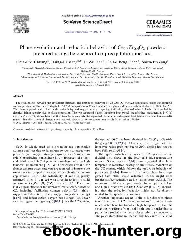 Phase evolution and reduction behavior of Ce0.6Zr0.4O2 powders prepared using the chemical co-precipitation method by Chia-Che Chuang & Hsing-I Hsiang & Fu-Su Yen & Chih-Cheng Chen & Shien-Jen Yang
