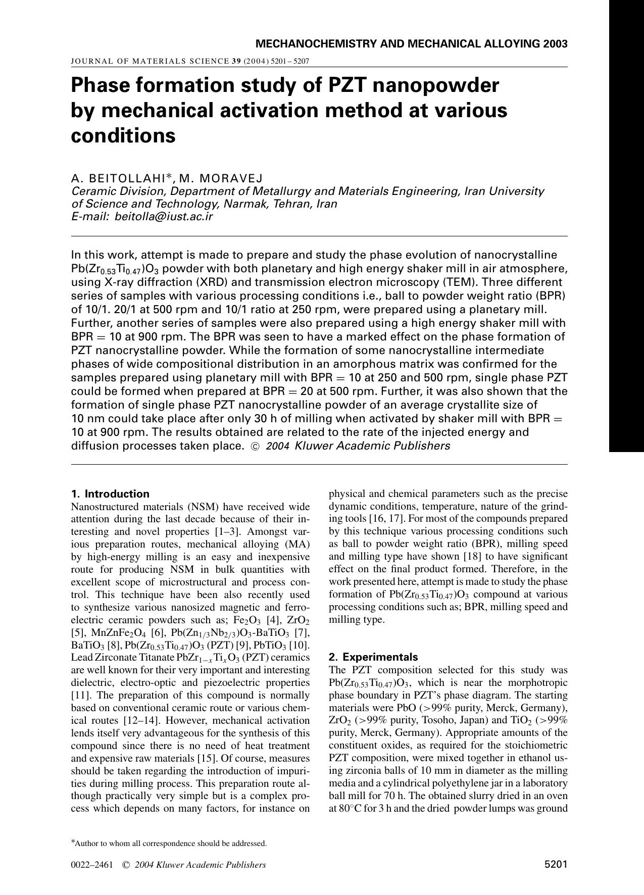 Phase formation study of PZT nanopowder by mechanical activation method at various conditions by Unknown