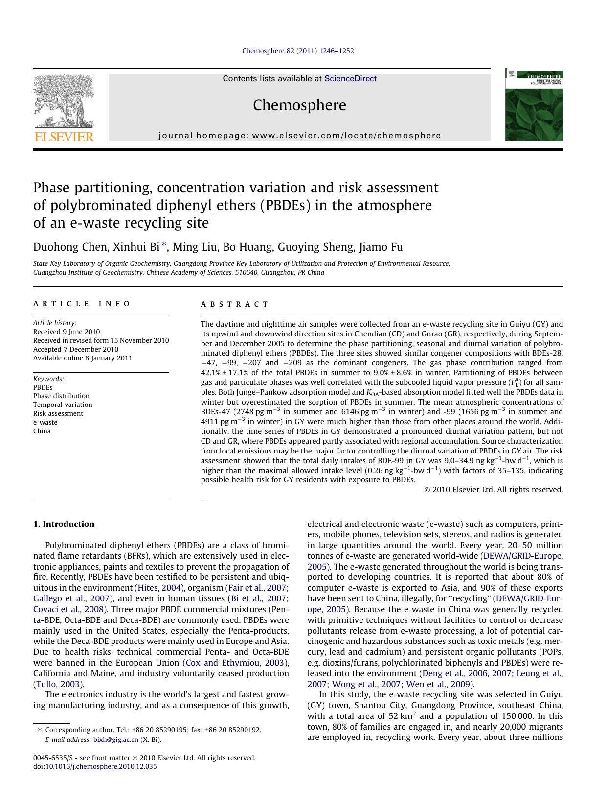 Phase partitioning, concentration variation and risk assessment of polybrominated diphenyl ethers (PBDEs) in the atmosphere of an e-waste recycling site by Duohong Chen & Xinhui Bi & Ming Liu & Bo Huang & Guoying Sheng & Jiamo Fu