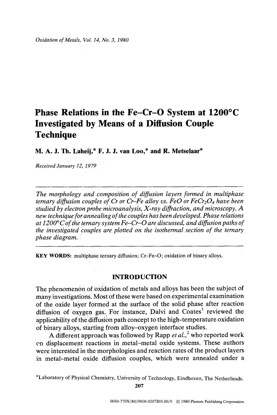 Phase relations in the Fe-Cr-O system at 1200°C investigated by means of a diffusion couple technique by Unknown