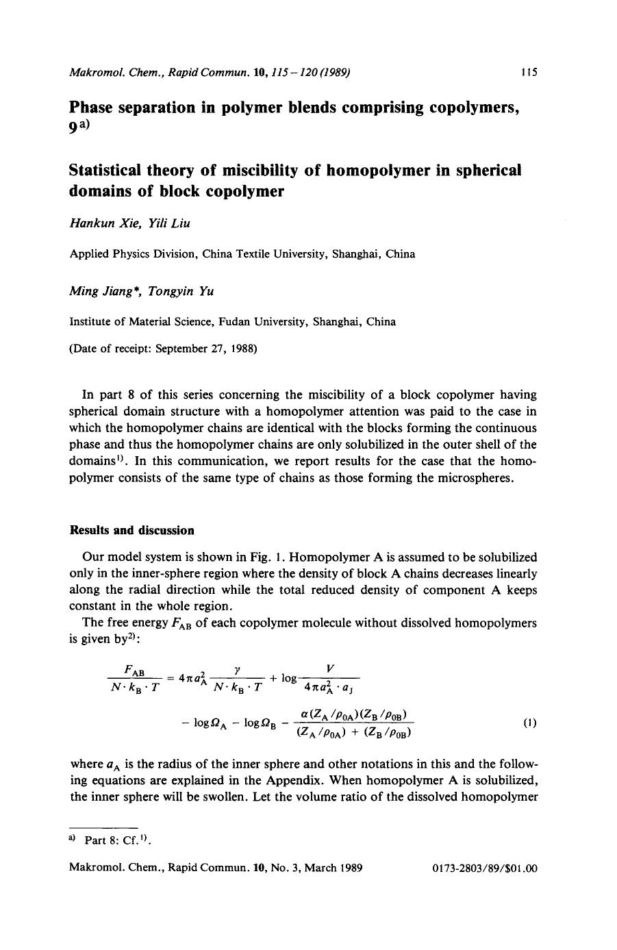 Phase separation in polymer blends comprising copolymers, 9. Statistical theory of miscibility of homopolymer in spherical domains of block copolymer by Unknown
