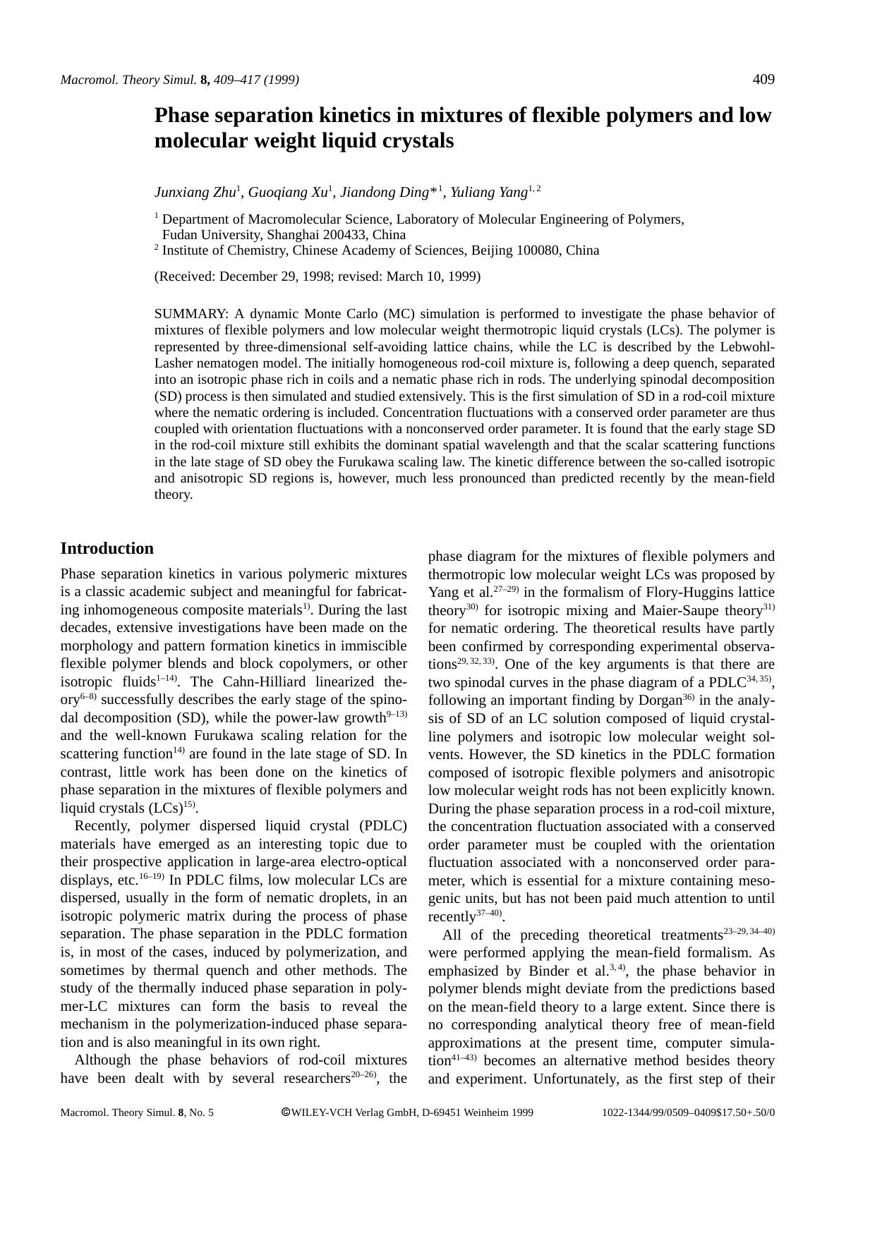 Phase separation kinetics in mixtures of flexible polymers and low molecular weight liquid crystals by Unknown