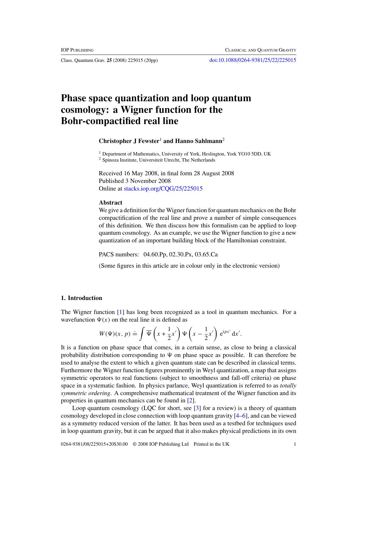 Phase space quantization and loop quantum cosmology by C J Fewster and H Sahlmann