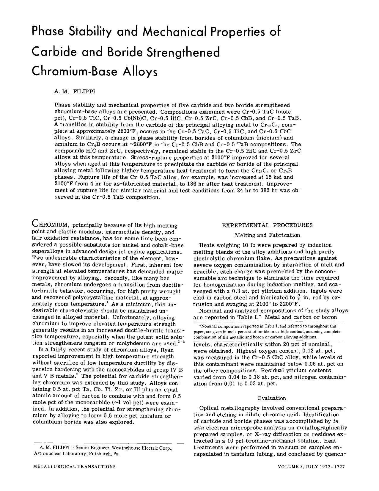 Phase stability and mechanical properties of carbide and boride strengthened chromium-base alloys by Unknown