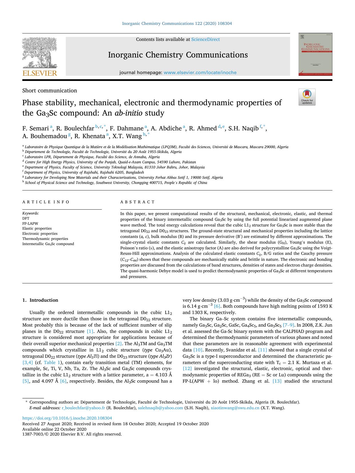 Phase stability, mechanical, electronic and thermodynamic properties of the Ga3Sc compound: An ab-initio study by F. Semari