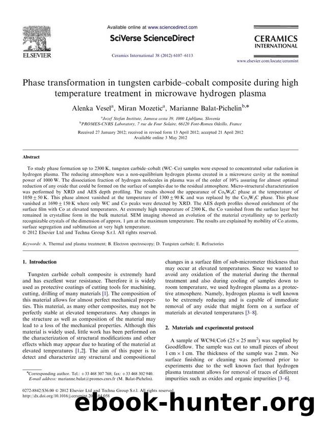Phase transformation in tungsten carbideâcobalt composite during high temperature treatment in microwave hydrogen plasma by Alenka Vesel & Miran Mozetic & Marianne Balat-Pichelin