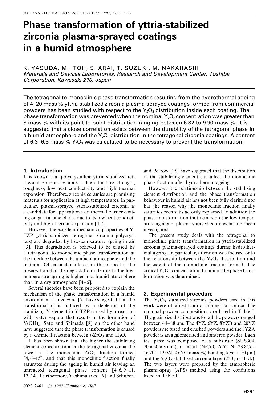 Phase transformation of yttria-stabilized zirconia plasma-sprayed coatings in a humid atmosphere by Unknown