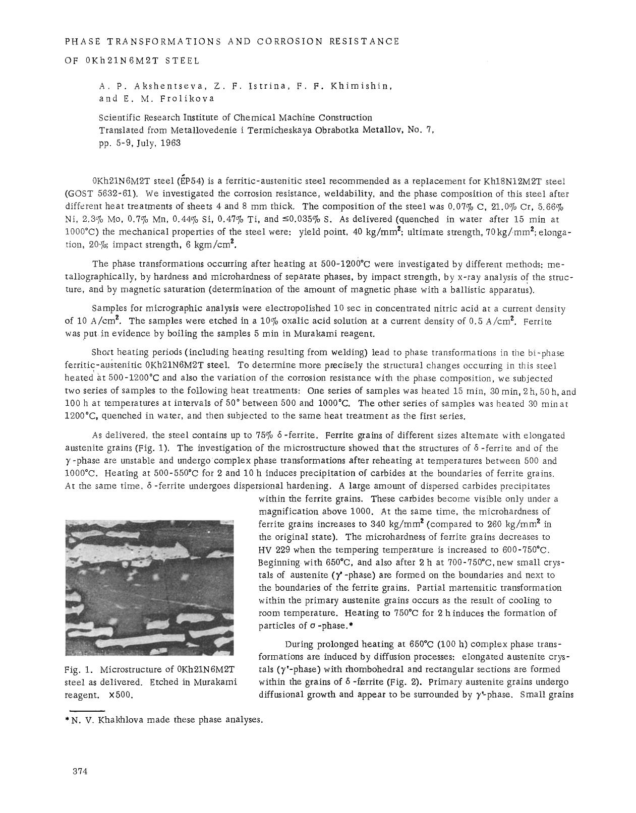 Phase transformations and corrosion resistance of 0Kh21N6M2T steel by Unknown